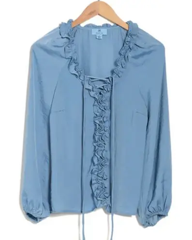 CeCe Blouse Blue Ruffle Sz M Top Tie Front Long Sleeves