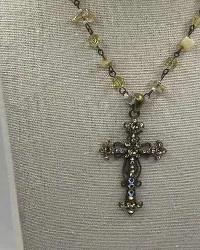 Cookie Lee Vintage Bronze Western w/Pink Stone Rhinestone Cross Pendant Necklace