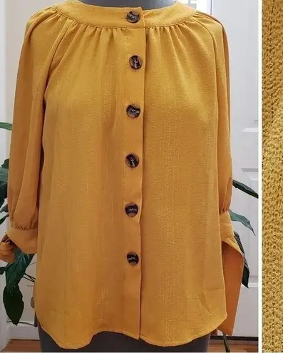 Dress Barn  Mustard Gold Metallic Thread Button Blouse Size XS See Description