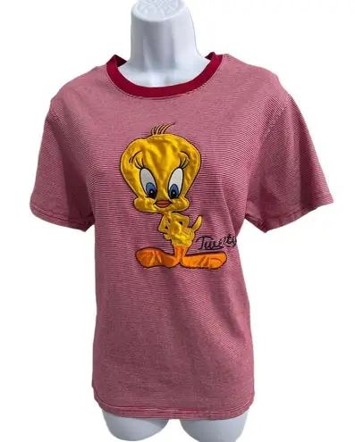 Warner Brothers Vintage Warner Bros Red White Tweety Bird Striped Short Sleeve Womens T-shirt L