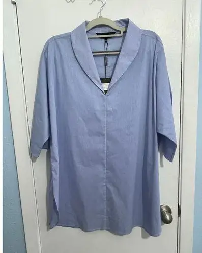 Ming Wang Tunic Blouse Large Blue Striped 3/4 Sleeve Oversized Office Preppy NWT