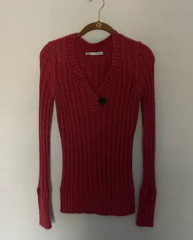 Long Sweater Burnt Red Rust Low V Ribbed with Oversized Button Size L