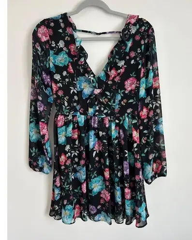 EXPRESS  Mini Dress Floral V Neck Long Sleeve Ruffle Black Blue Red Size 0