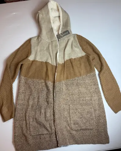 Natural Reflections Womens M Camel Brown Knit Hooded Open Front Cardigan - Image 1