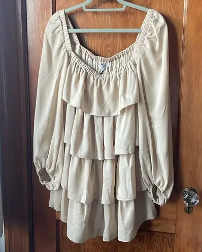 We Wore What NWT Beige Tiered Gauzy Off-the-Shoulder Dress with Balloon Sleeves