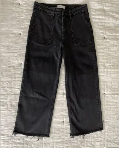 Carly Jean Los Angeles  High Rise Wide Leg Raw Hem Cropped Button Fly Jeans Black