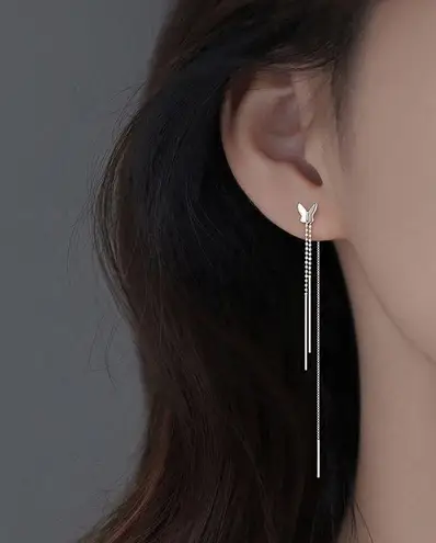 Elegant Long Butterfly Chain Dangle Threader Earrings for Women Silver