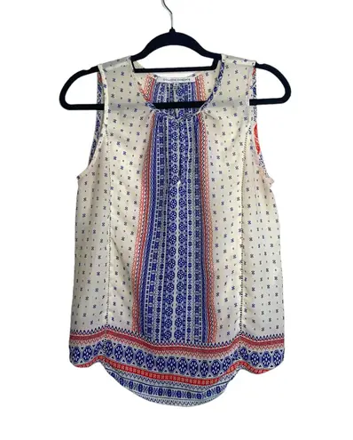 Collective Concepts White Blue Red Boho Printed Keyhole Tank Top