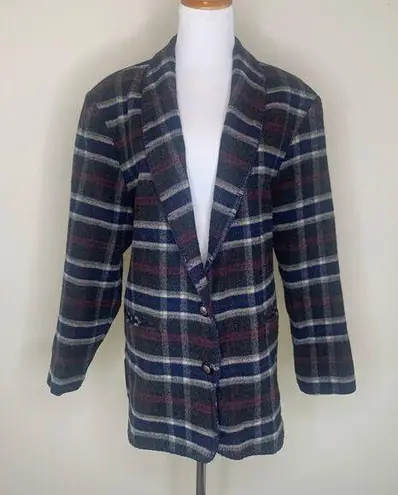 Vintage Plaid Blazer Whipstitch Detail Sz Large Western Gray