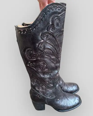 Anna Sui x Bed Stu Lucianna Tooled Embossed Leather Boots Black Size 7.5