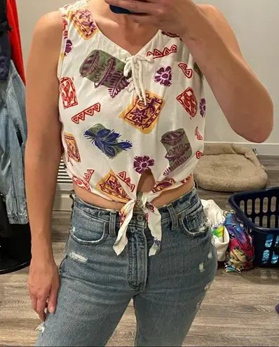 Gitano vintage 80s 90s crop top tie front tank funky geometric graphic medium Multiple