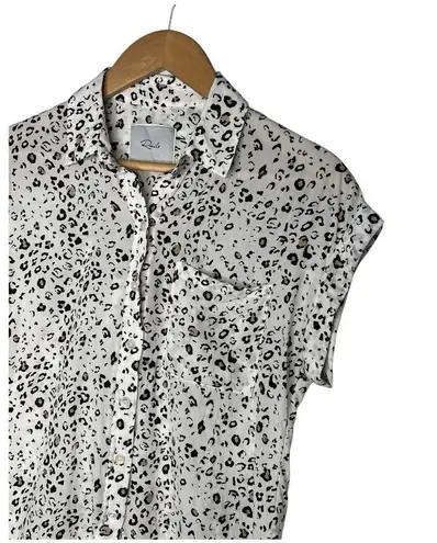 Rails  Top Womens XS Leopard Print Short Cuffed Sleeve Button Up High Low White