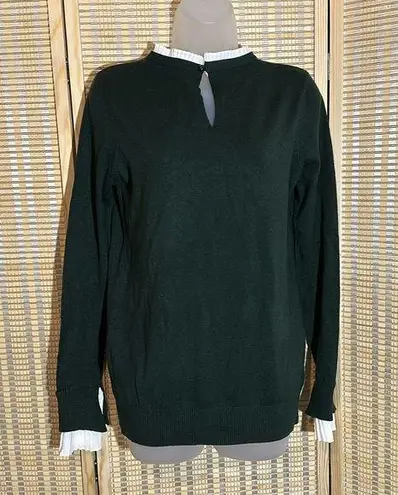 Vila Milano Dark Forest Green Sweater With White Faux Shirt Collar Cuffs Medium
