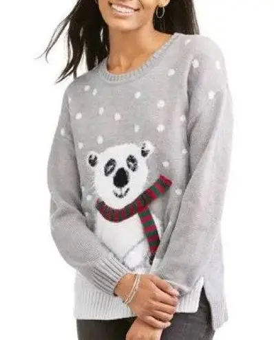 Holiday Time Grey White Polka Dot Polar Bear Snow Christmas Ugly Sweater Medium