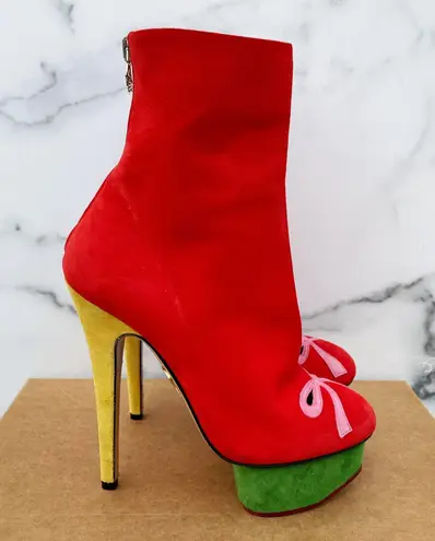 Charlotte Olympia Bella red yellow green suede colorblock mid-calf boots size 35