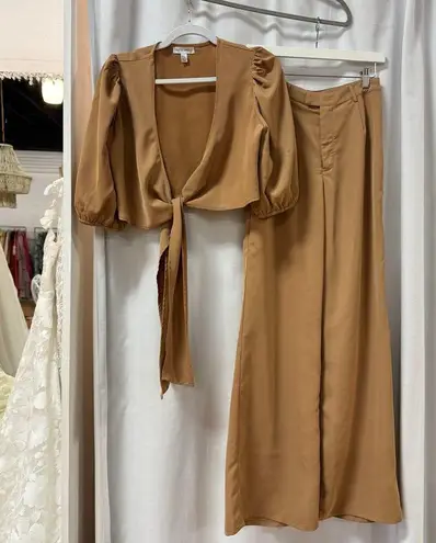 Lavish Pretty  Jamie Crop Tie Knot Blouse & Wide Leg Trouser Pants Set Tan US 4