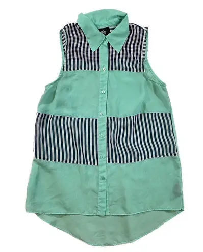 by & by | Sheer Chiffon Sleeveless Mint w/ Stripes Button Down Blouse | Medium Green