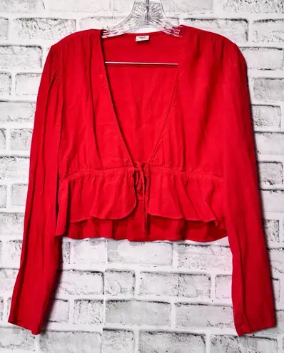 SUNDAY BEST Red Cropped Peplum Tie Front Long Sleeve Blouse Women's Size M Size M