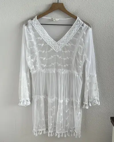 Coconut Bay White Mesh and Lace Boho Swim Beach Cover Up Dress Tunic Medium