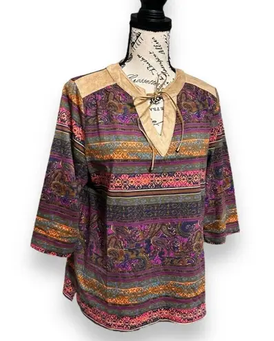 Bonworth XS Petite Boho Paisley Top Multicolor Suede Trim Blouse 3/4 Sleeve NWT