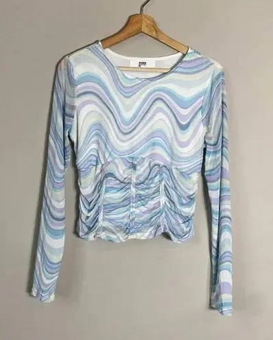 Madden NYC Y2K Wavy Corset Crop Top Women's Large Long Sleeve Mesh Stretch White