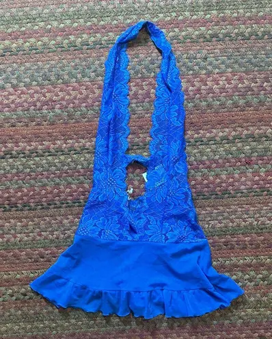 Frederick's of Hollywood NWT BLUE STRETCH LACE HALTER THONG MINI DRESS