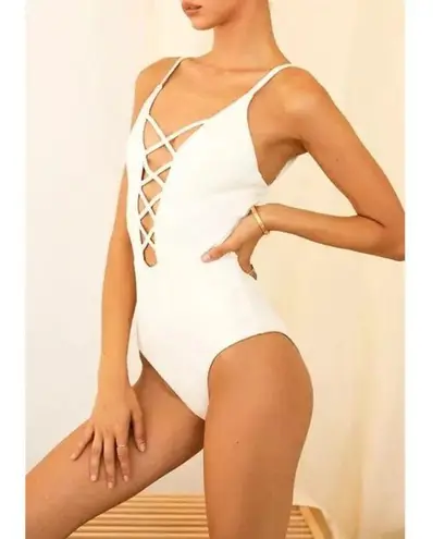 Dippin’ Daisy’s Bliss White Lattice Plunge One Piece Swimsuit Size XS
