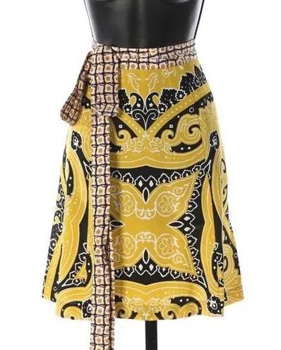 NWT Etro Silk Yellow & Black Pattern Knee Length Skirt w/ Tie Detail Size 6