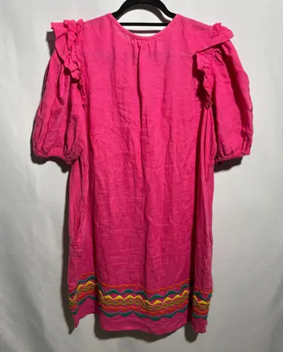 Uncle Frank Anthropologie Hot Pink 100% Linen Dopamine Dress Boho Puff Sleeves M