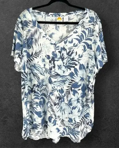 C&C California Women's Linen Floral Leaf Print Short Sleeve Top Blue Size 2X