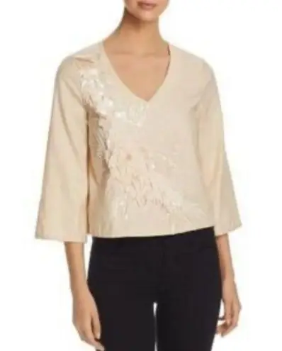 Badgley Mischka Embellished Top Sequins Floral Cotton V Neck Blouse Size 8