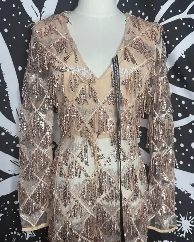 Pretty Little Thing  Sequin Jumpsuit Champagne Mesh V-Neck sz 4 New Years