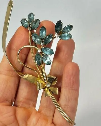 Sterling Silver Coro  craft gold plated and blue flower rhinestone vintage brooch