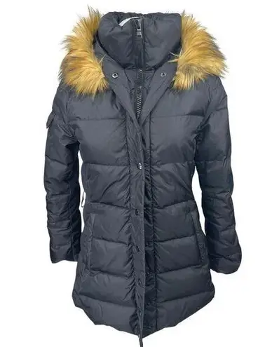 S13 Women's Black Faux Fur Shearling Hoodie Hooded Down Puffer Quilted Jacket S