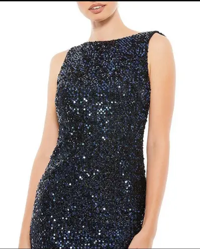 Mac Duggal Ieena Blue Cowl Draped Back Boat Neck All Over Sequined Dress Size 0