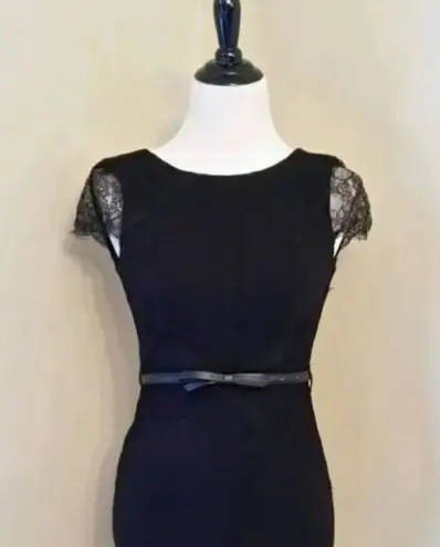 London Dress Co ModCloth Black Lace Cap Sleeves Bow Belt Pinup Old Hollywood Size 4
