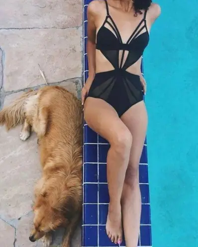 NWT Kopper & Zink Harper Strappy Cut Out Mesh One Piece Swimsuit Black Size XS