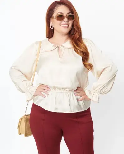 Unique Vintage NWT Champagne Satin Peplum Blouse SMALL
