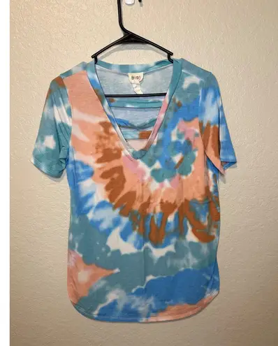 BIB! Women's Short Sleeve V Neck Tie Dye T Shirt Casual Top Blue