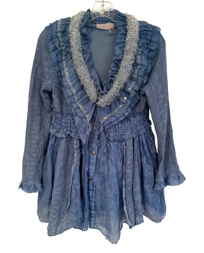 Pretty Angel Ruffle Sequin Linen Tunic Womens Small Blue Fairy Boho Hippie Gypsy