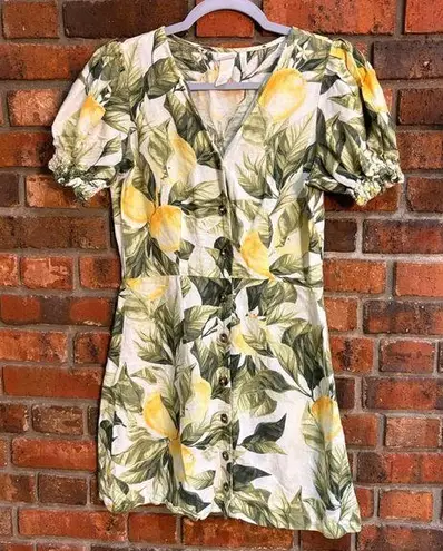 H & M women button front puff sleeve linen blend mini dress green/yellow XXS