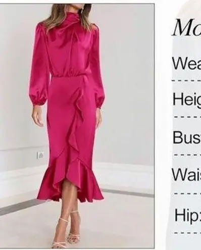 NEW Satin Mock Neck Cocktail Midi Dress Wrap Ruched Ruffle M Size M