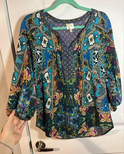 Fig & Flower / Figueroa & Flower Turquoise Boho Aztec Detailed Blouse Size Med
