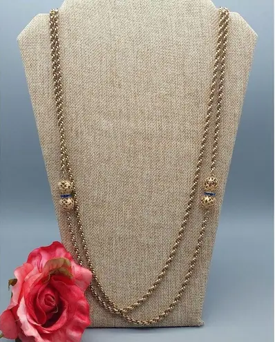 Long Gold Tone Pull Over Thick Twisted Chain Necklace Filigree Ball Blue Crystal