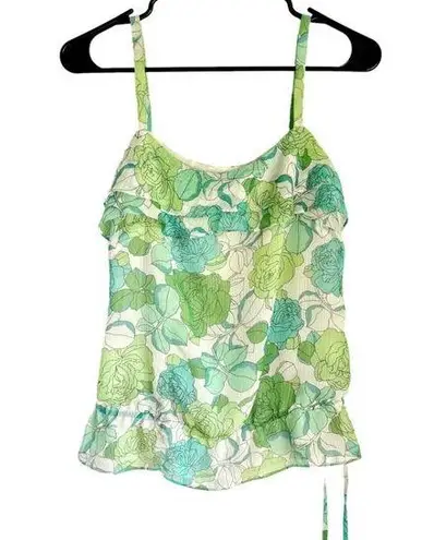 Ann Taylor Loft XS Floral Chiffon Ruffle Cami Tank Top Green White Blouse Shirt