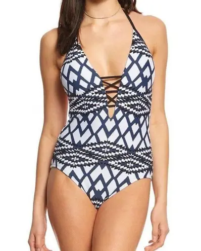Seafolly Australia Blue White Black Modern Tribe Deep V Neck Maillot One Piece