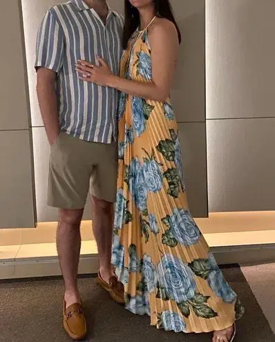 L’IDEE Boheme Gown Pleated Maxi Dress in Yellow Floral Size 6