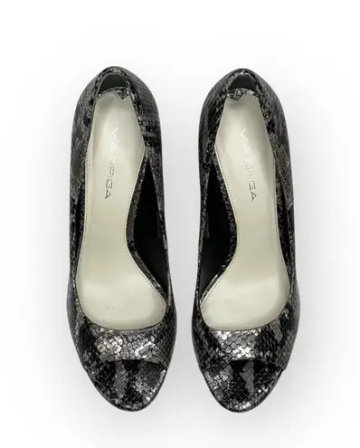 via spiga new Metallic Python Leather Peep Toe Heels Pumps Black Grey 8.5M