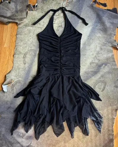 Black Ruched Mini Halter Dress With Mesh Overlay Size M