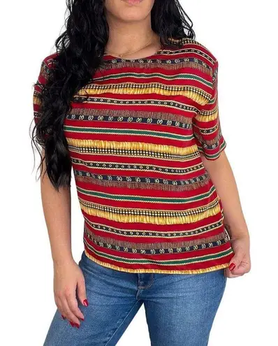 Petite Sophisticate 1980s Vintage Red & Gold Retro Geometric Blouse Large